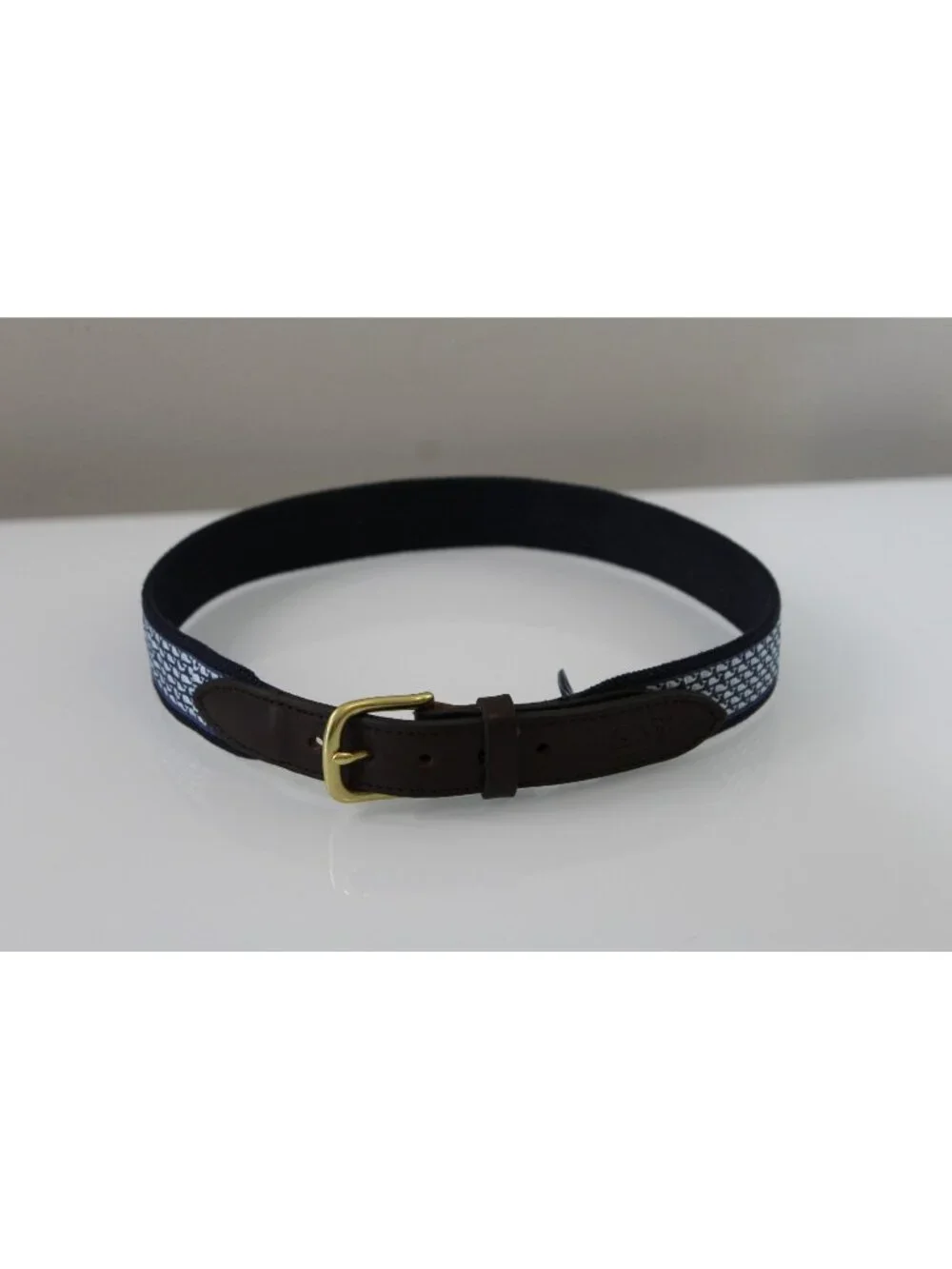 Vineyard Vines Blue Micro Whale Print Canvas Belt Youth 28 Leather Brass Buckle
